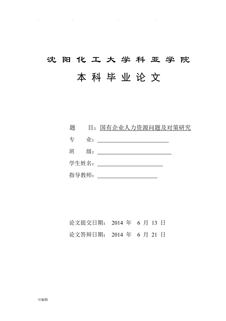 国有企业人力资源问题与对策研究毕业论文正稿_第1页