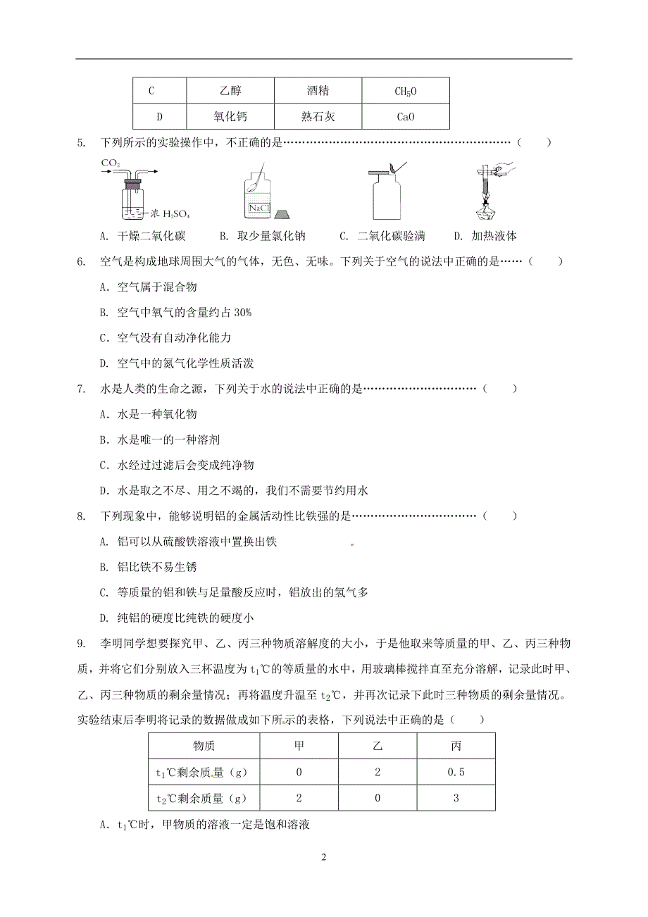 山东省临沂市平邑县阳光中学2017届九年级中考化学模拟试题七.doc_第2页