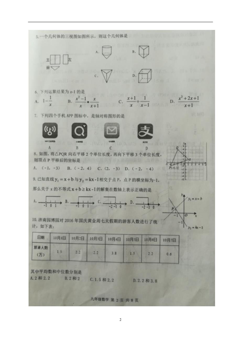 山东省济南市长清区2017届九年级第一次模拟考试数学试题.doc_第2页