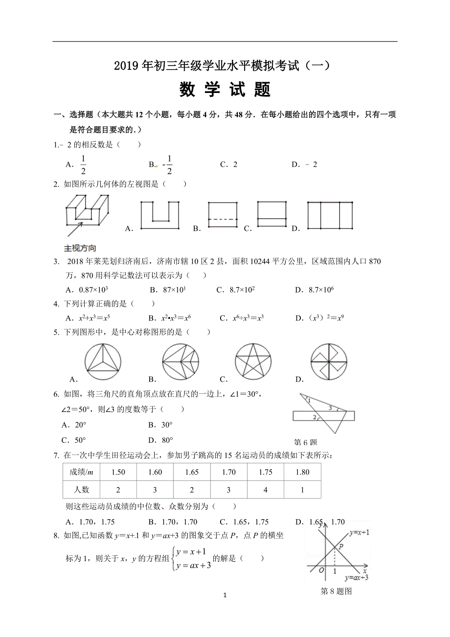 山东省济南市历城区2019届九年级下学期第一次模拟考试数学试题.doc_第1页