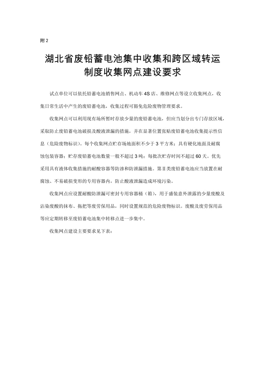 湖北省废铅蓄电池集中收集和跨区域转运制度收集网点建设要求_第1页