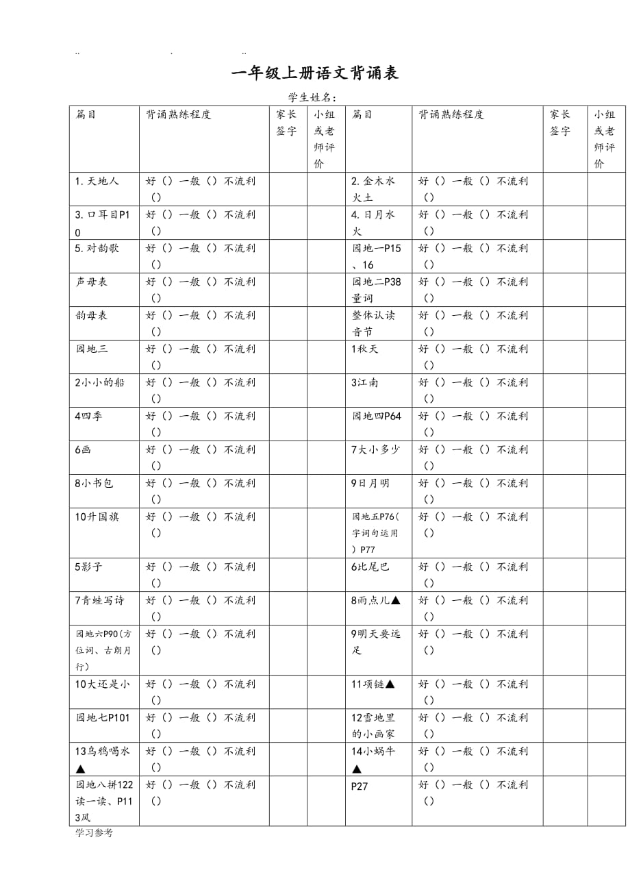 一年级[上册]语文背诵表(部编)_第1页