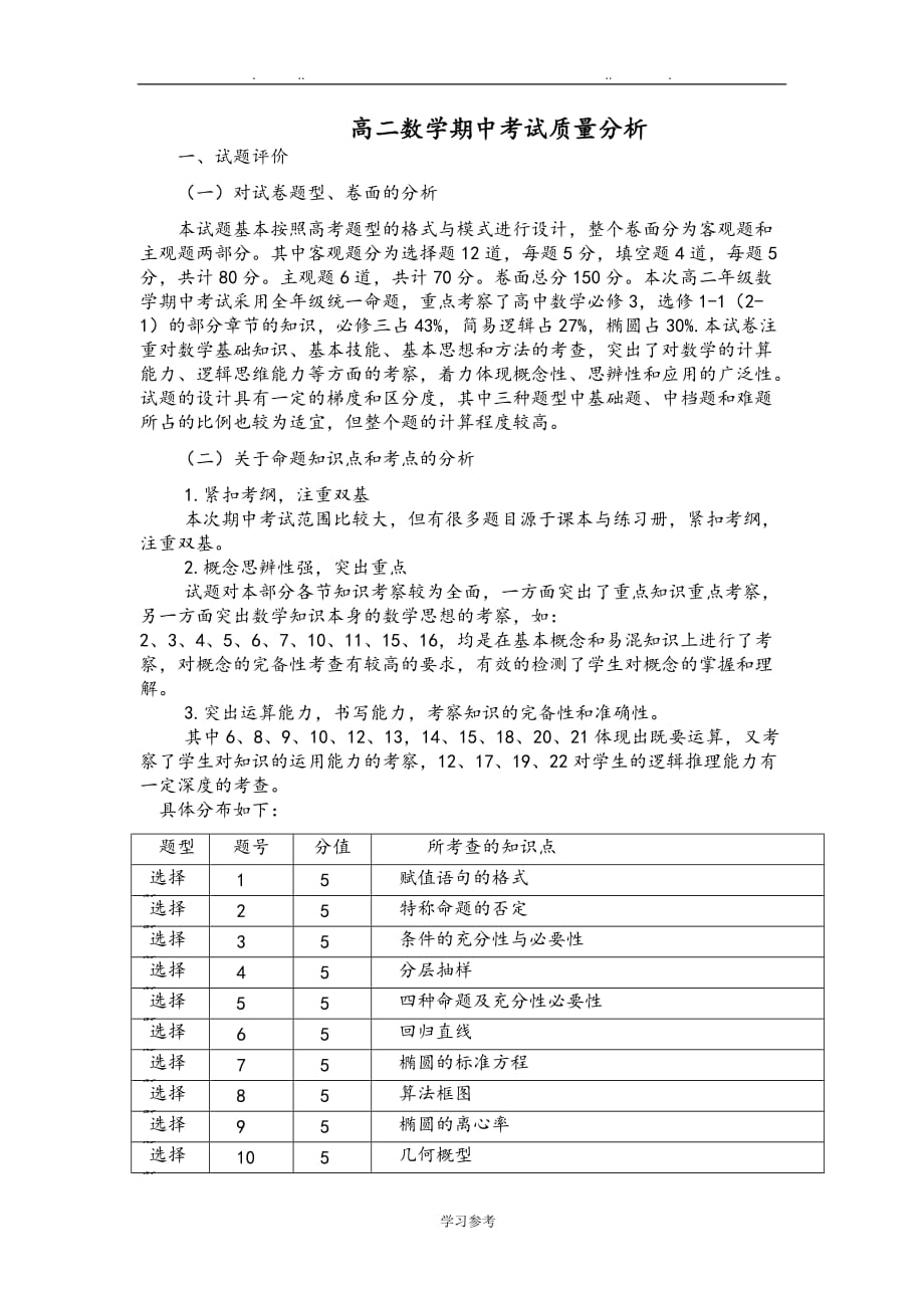 高中二年级数学期中考试质量分析报告_第1页