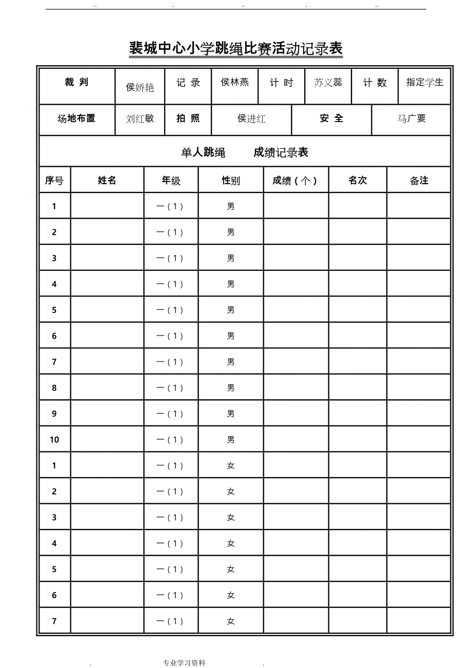 裴城镇中心小学跳绳比赛活动记录表2017_第1页