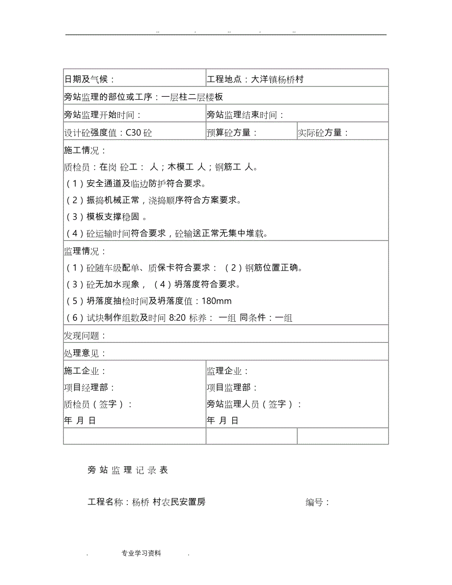 混凝土浇筑旁站监理记录表20630_第4页