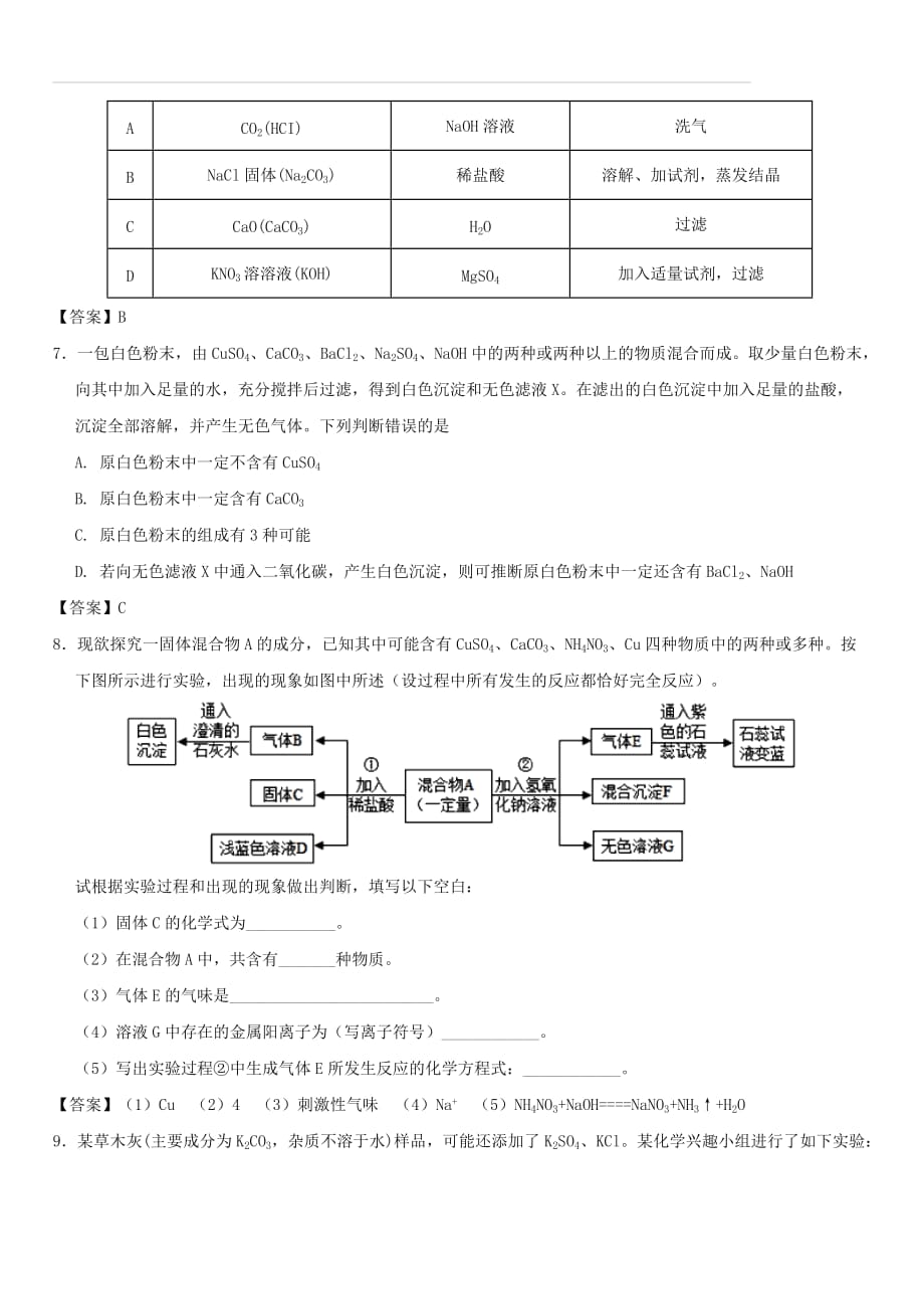 2018年中考化学重要考点 盐的溶解性及复分解反应发生的条件练习卷（含答案）_第2页