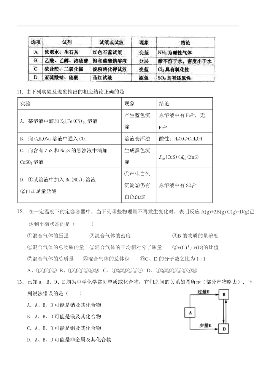 河北省武邑中学2019届高三上学期第二次调研考试化学试卷（含答案）_第3页