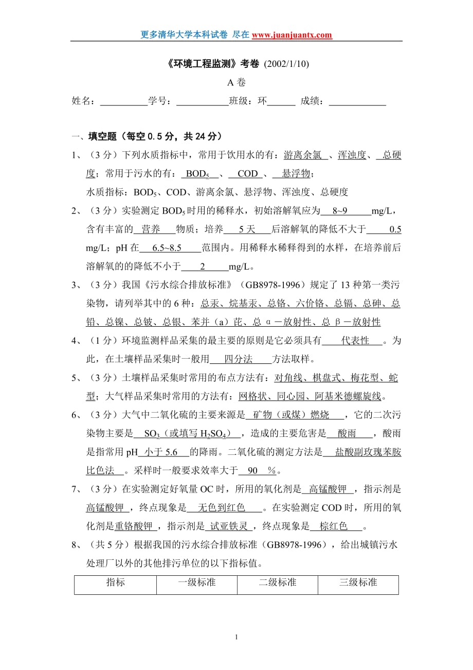 清华大学2002年环境工程监测期末试卷答案_第1页