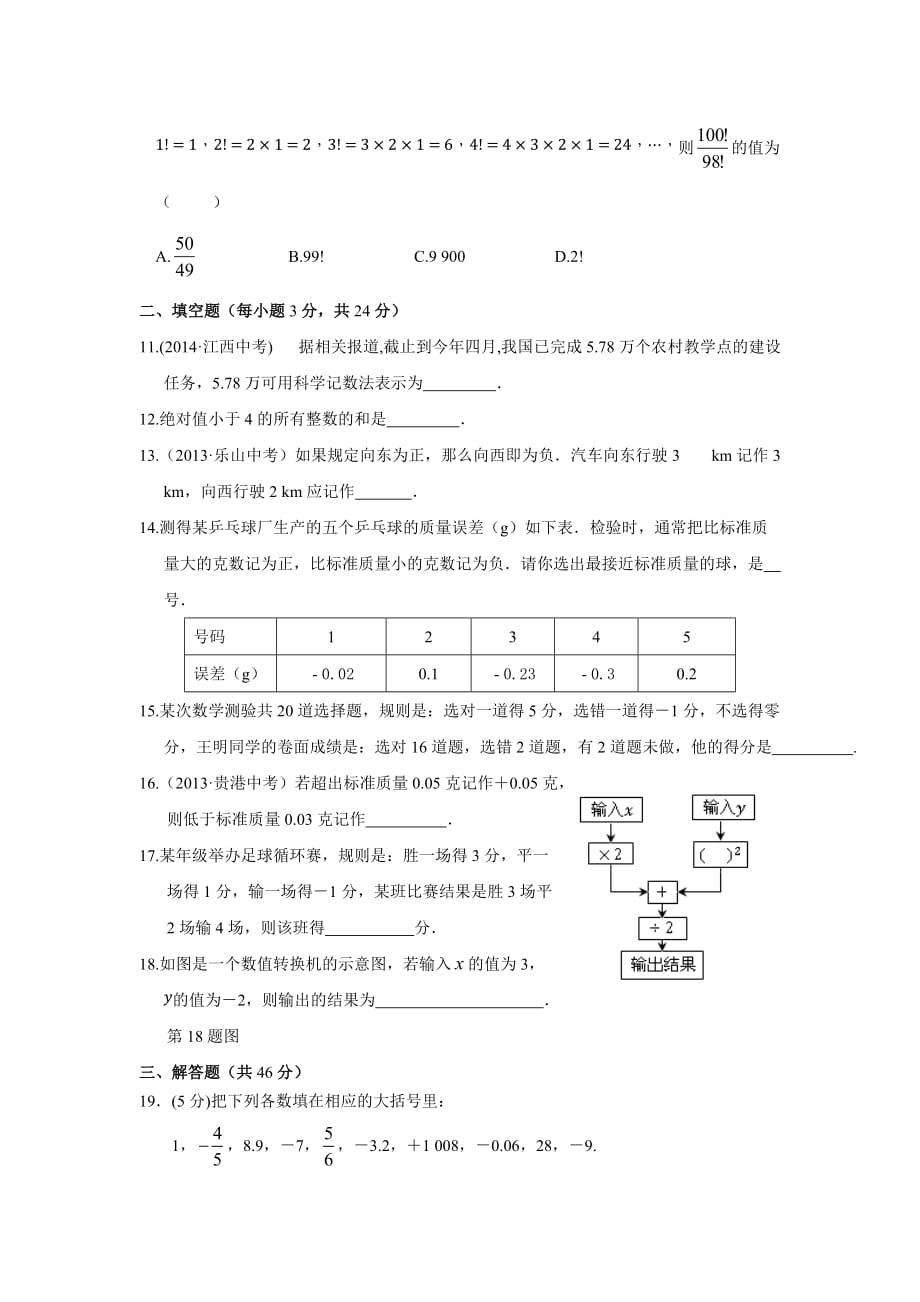 【中学教材全解】2014-2015学年七年级数学(上)(北师大版)第二章 有理数及其运算检测题_第2页