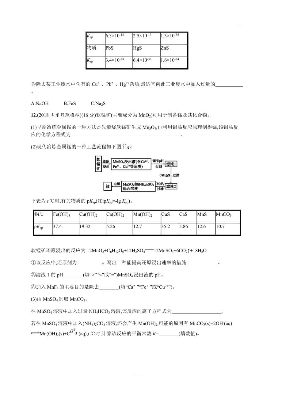 2020高考化学新提分大一轮江苏专用精练：课时规范练25　难溶电解质的沉淀溶解平衡含解析_第5页