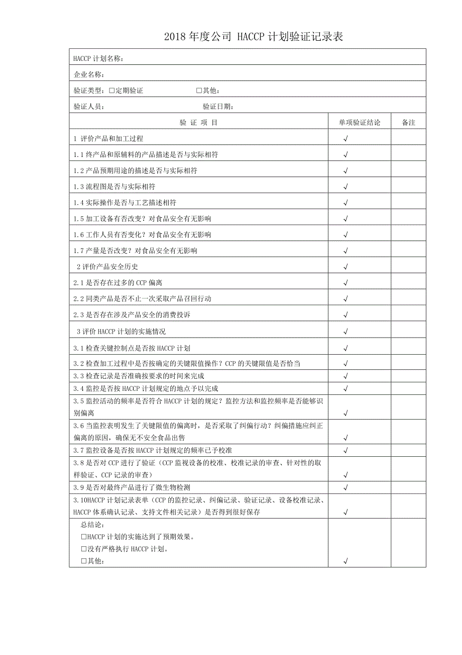 2018年度公司haccp计划确认记录表_第3页