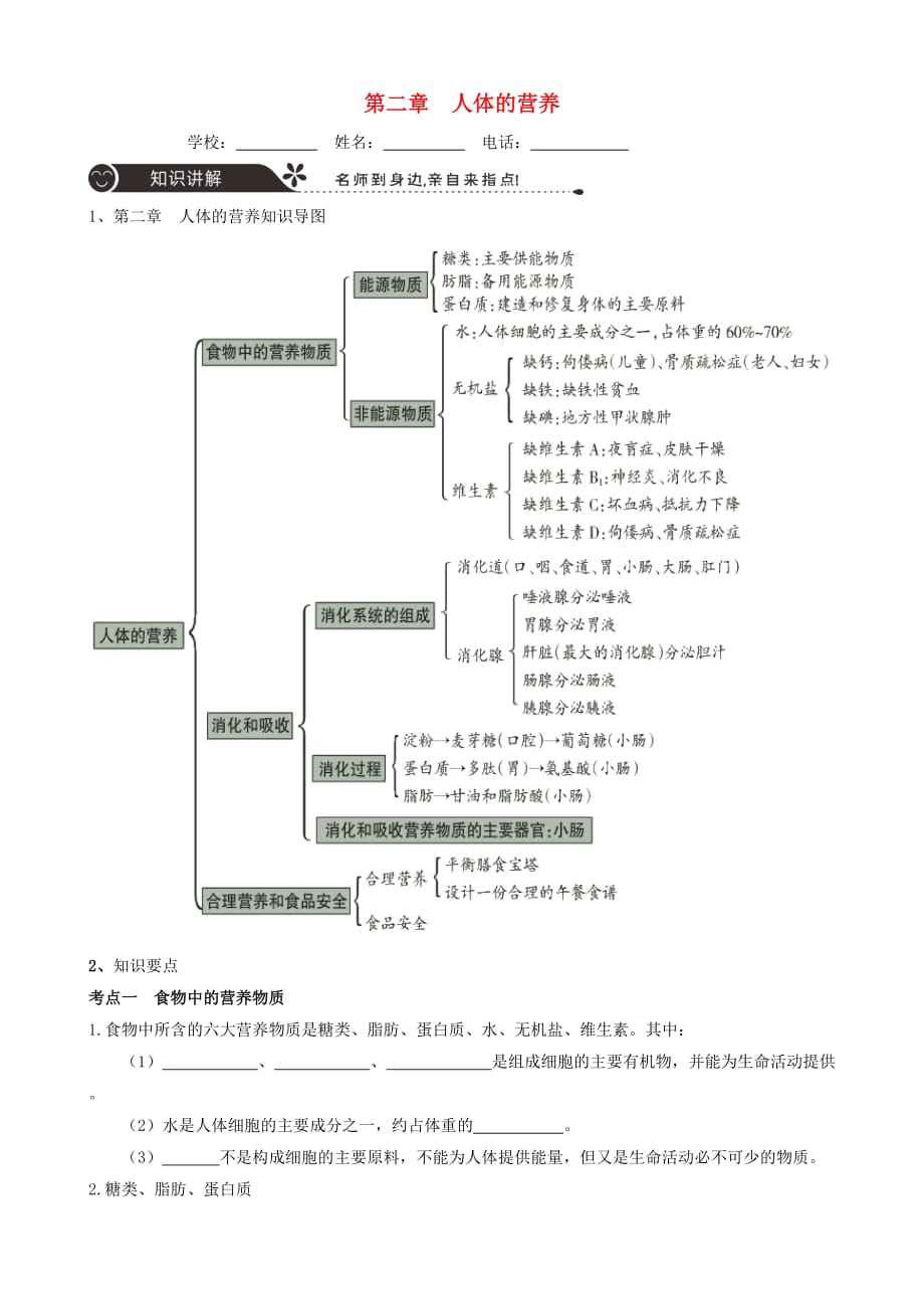 广东省中山市2019届中考生物专题复习第四单元生物圈中的人第二章人体的营养_第1页