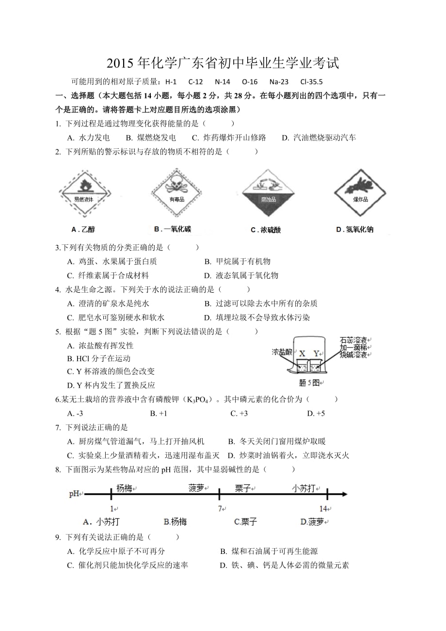 广东省2015年中考化学试题及答案(word--清晰版--适合打印)_第1页