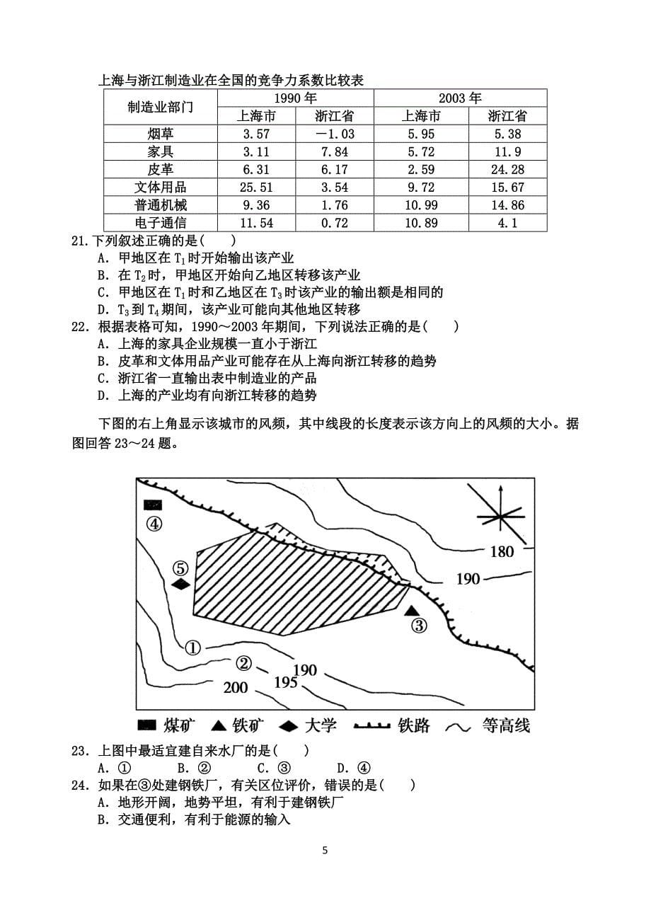 工业区位因素和工业地域联系练习题1_第5页