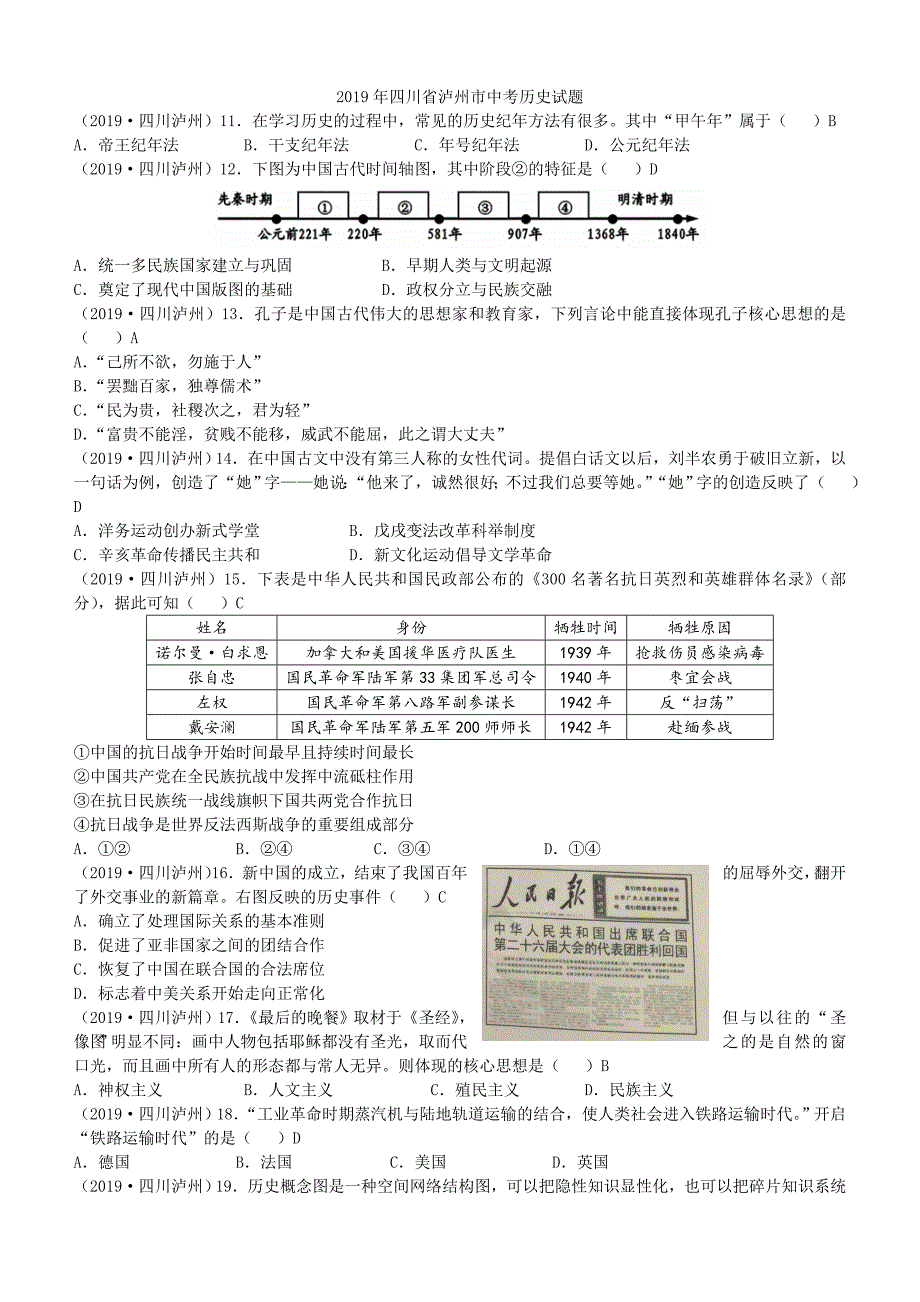 【中考真题】四川省泸州市2019年中考历史试题含答案_第1页