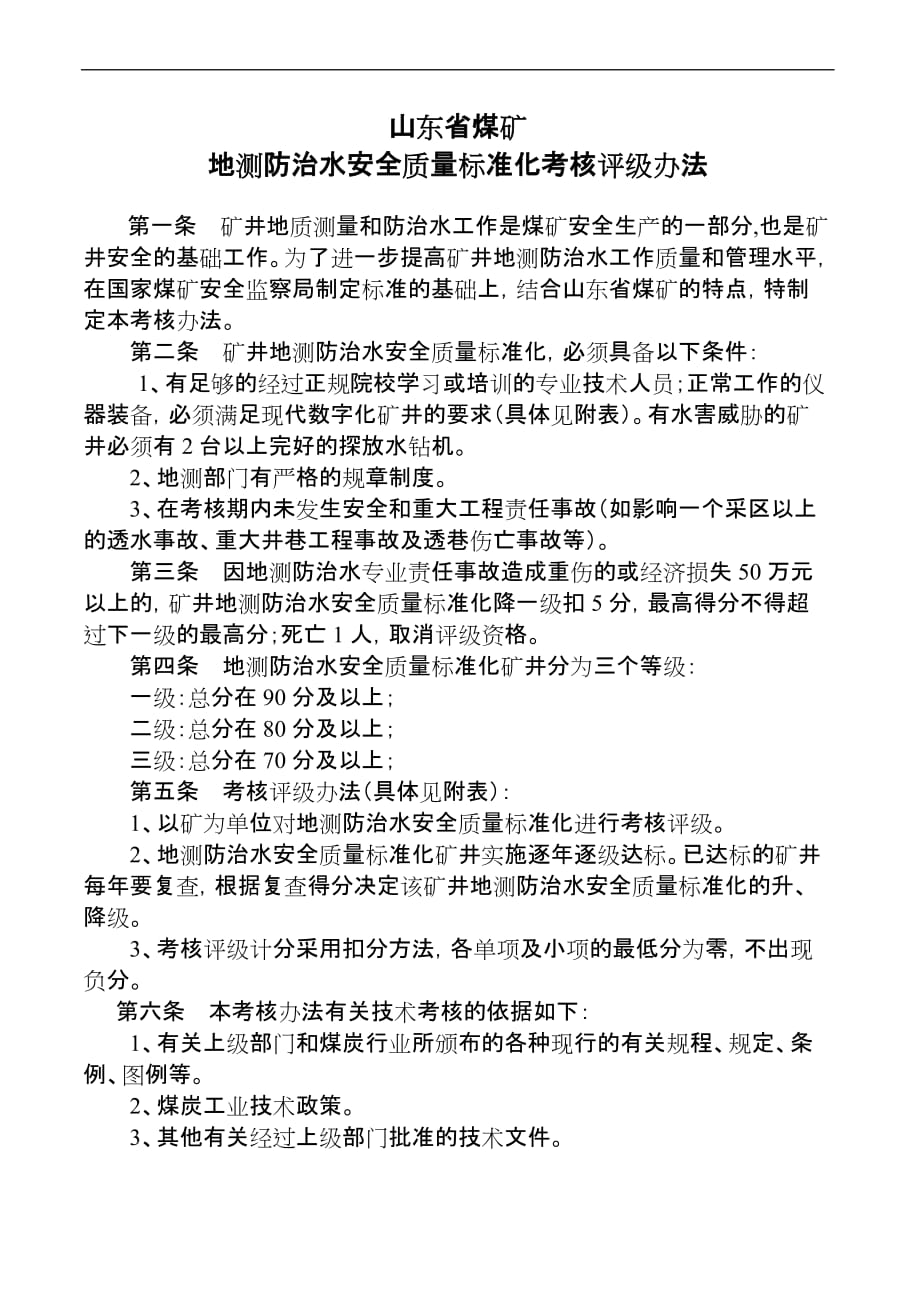 山东煤矿安全质量标准化标准及考核评级办法(地测防治水)讨论稿_第1页