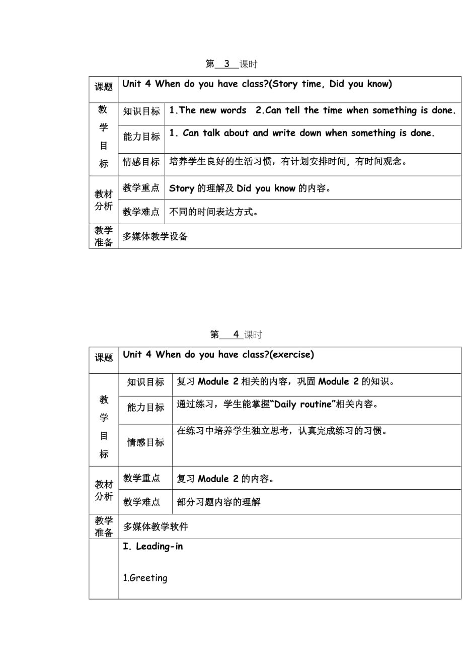 2017广州版英语四年级下册Module 2 Unit 4《When do you have class》word教案_第4页