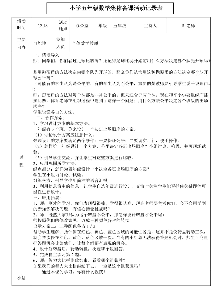 五年级数学集体备课活动记录_第1页