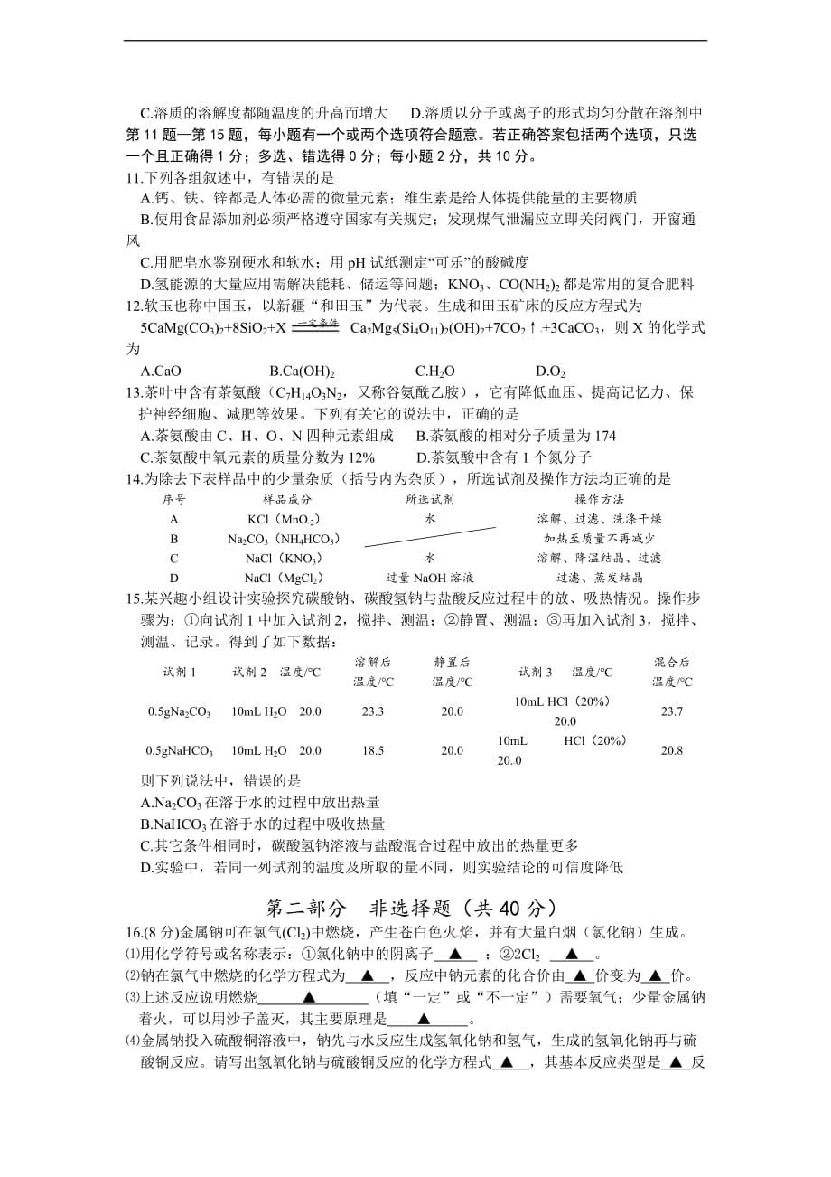 2016年泰州市中考化学试题及答案_第2页