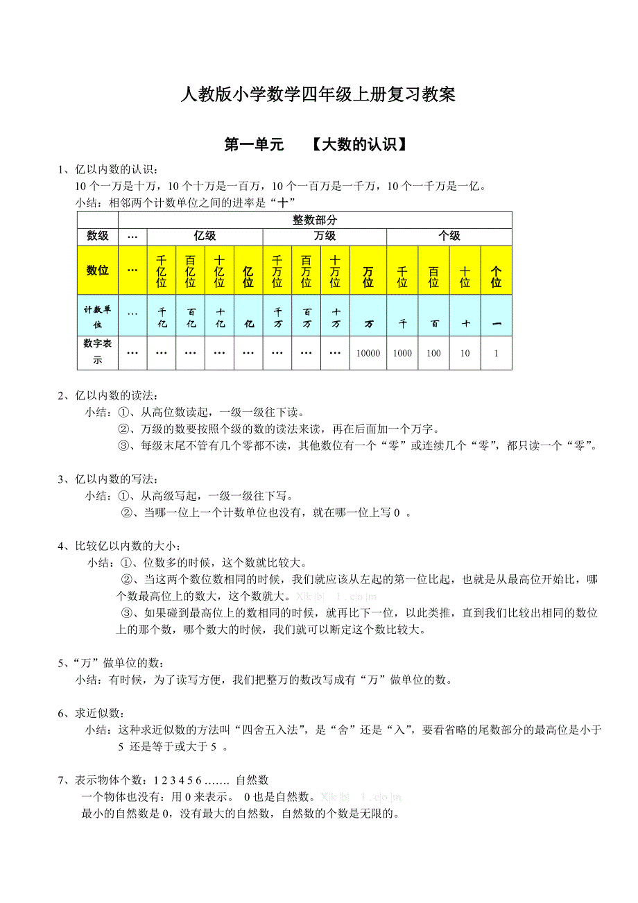 人教版小学数学四年级上册复习教案分单元_第1页