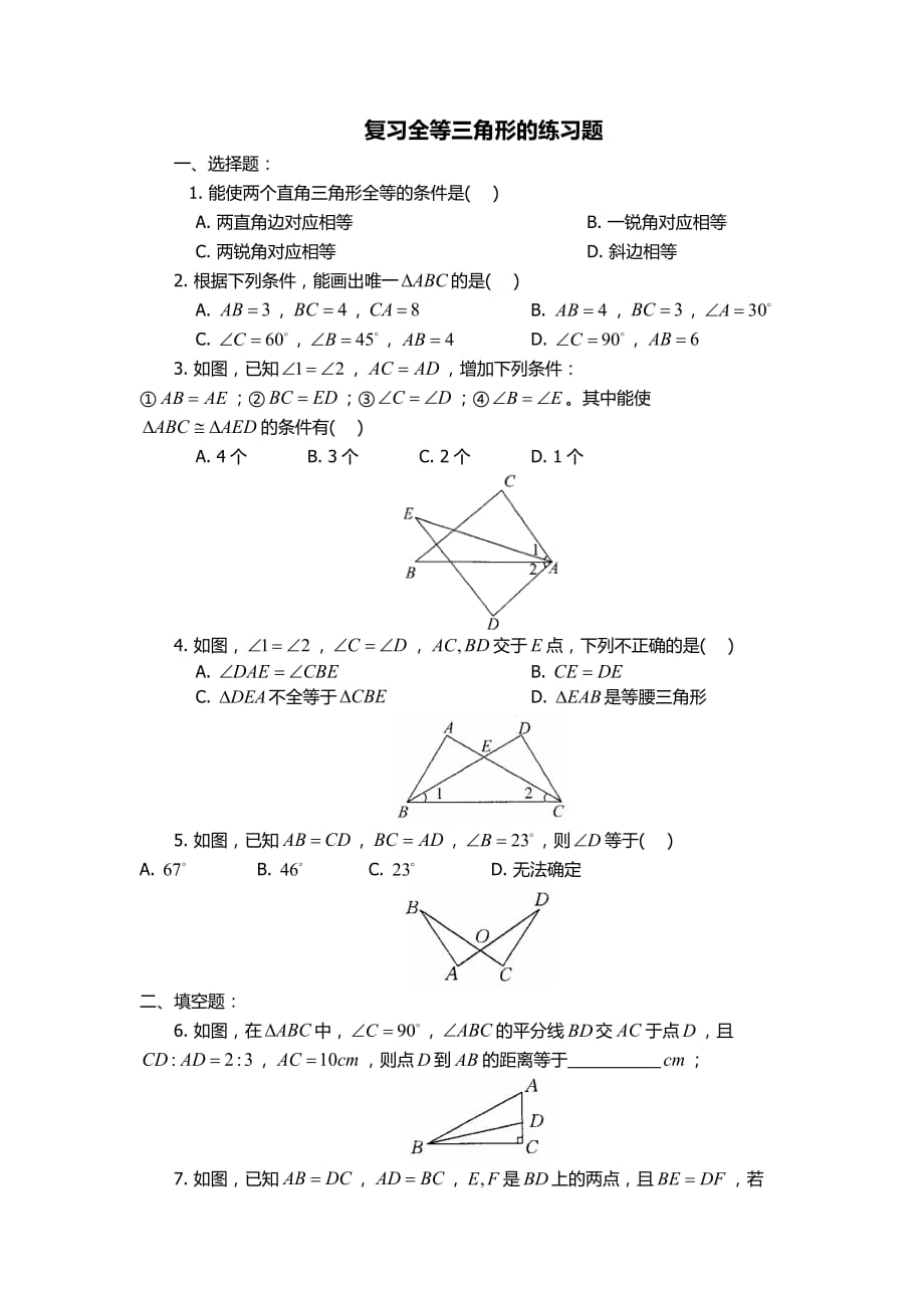数学人教版八年级上册全等三角形的复习_第1页