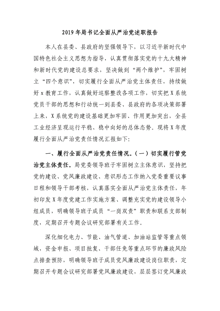 2019年局书记全面从严治党述职报告_第1页