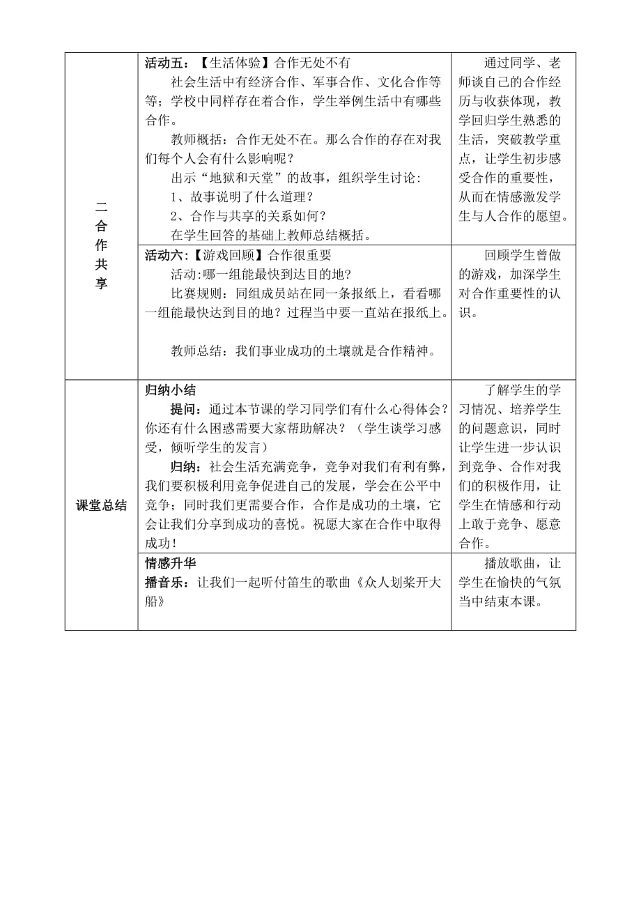 思想品德人教版八年级上册《竞争？合作》教学设计_第3页