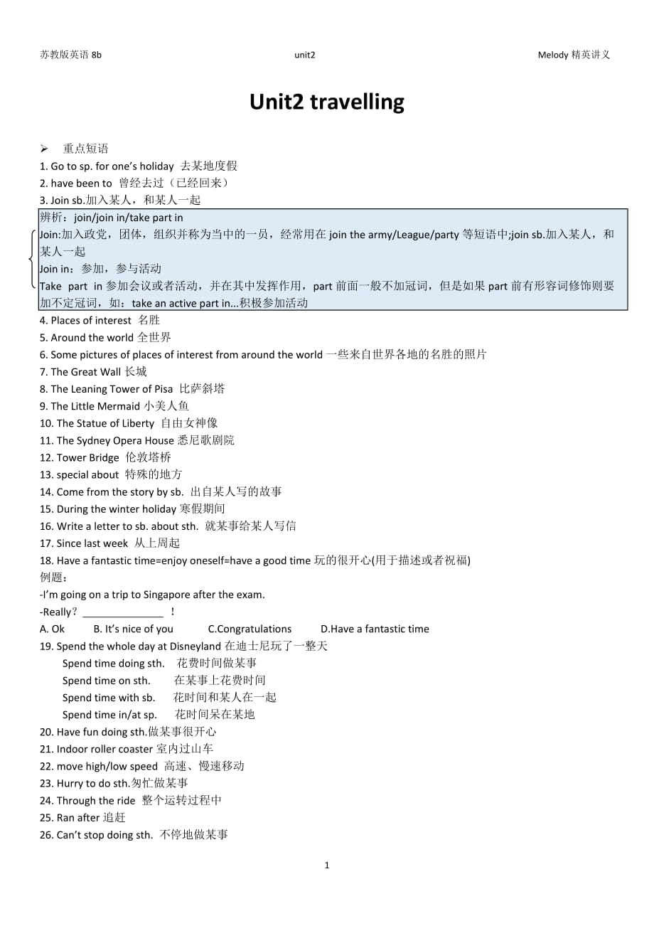 苏教版英语8b-unit2知识点梳理_第1页