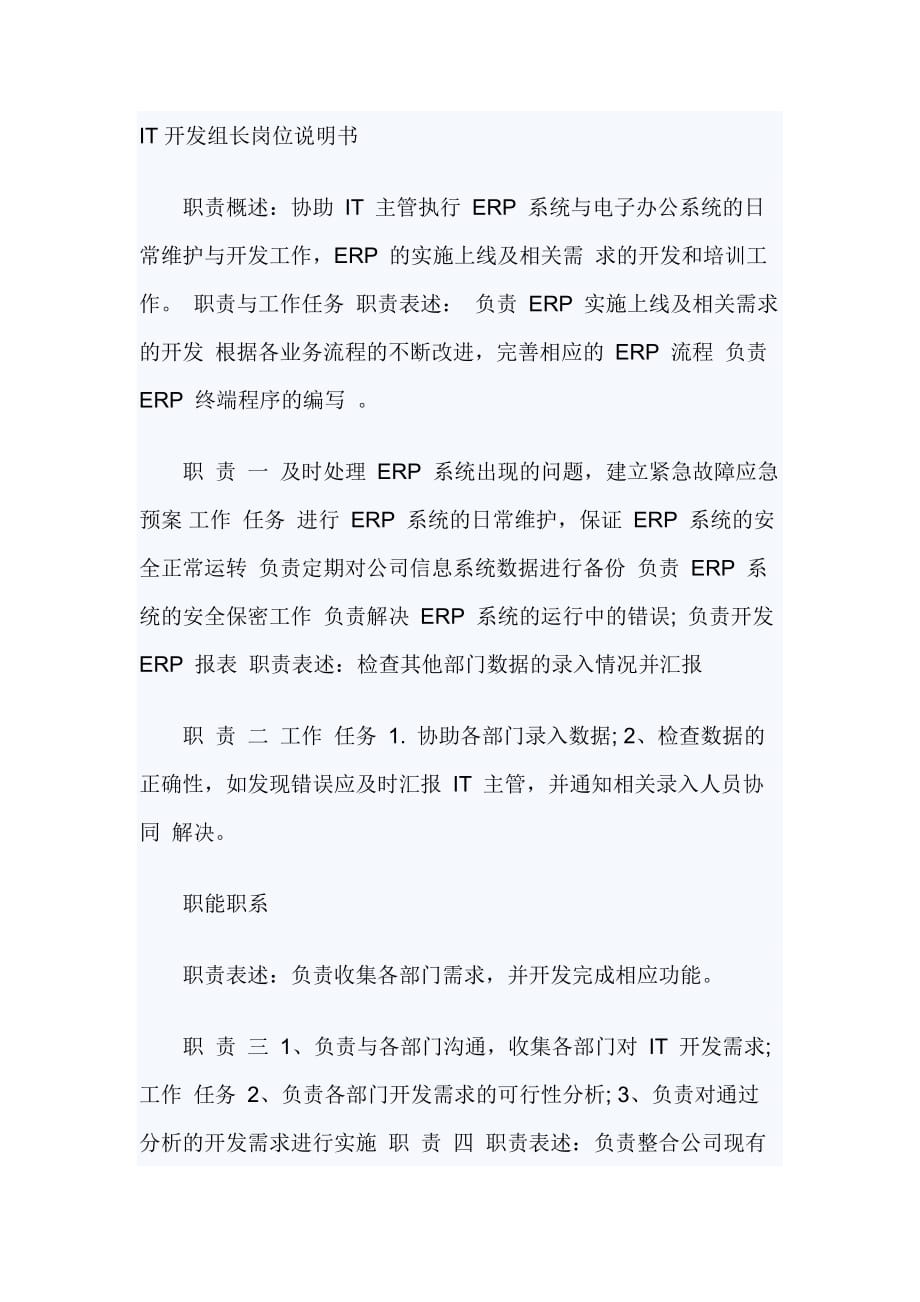 IT开发组长岗位说明书_第1页