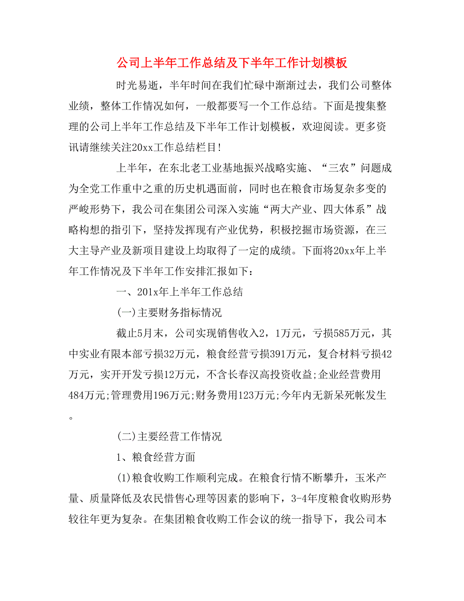 2019年公司上半年工作总结及下半年工作计划模板_第1页