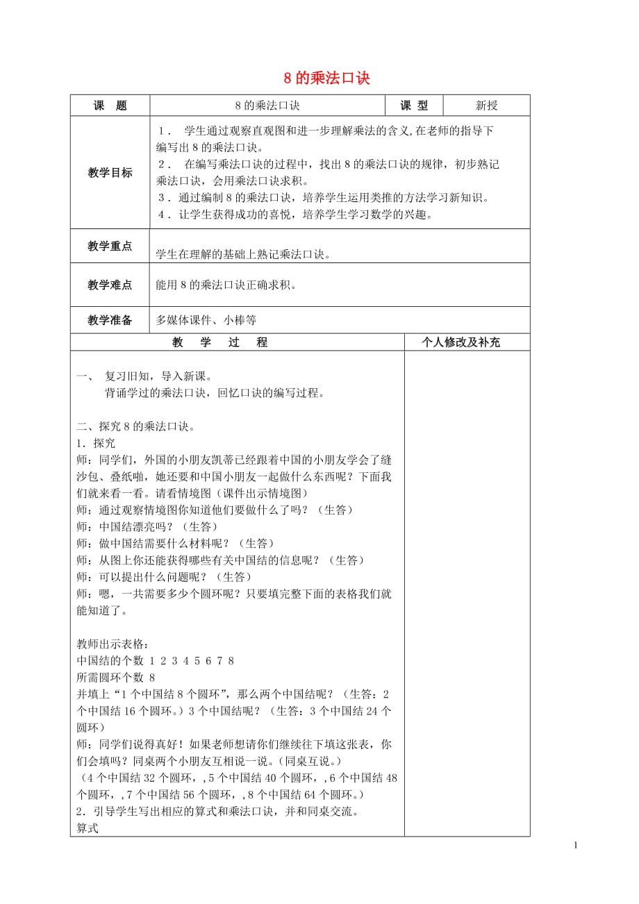 二年级数学上册 第四单元 凯蒂学艺&mdash;表内乘法（二）4.3 8的乘法口诀教案2 青岛版_第1页