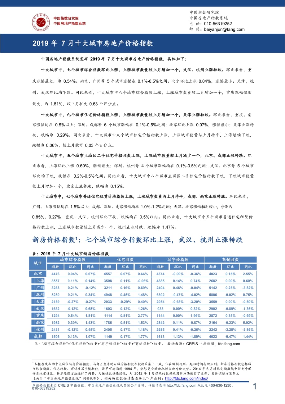 《十大城市房地产价格指数（2019年7月）》_第1页