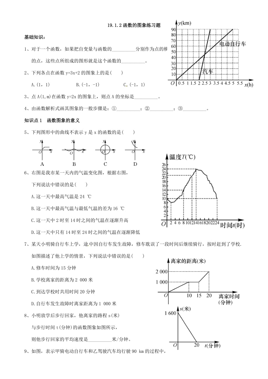 数学人教版八年级下册函数的图象练习题_第1页