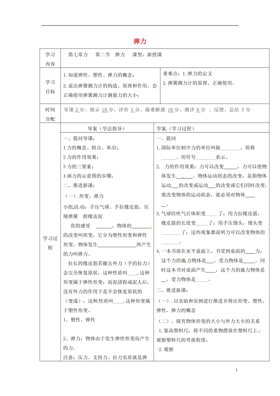 陕西省山阳县八年级物理下册 7.2 弹力导学案（无答案）（新版）新人教版_第1页