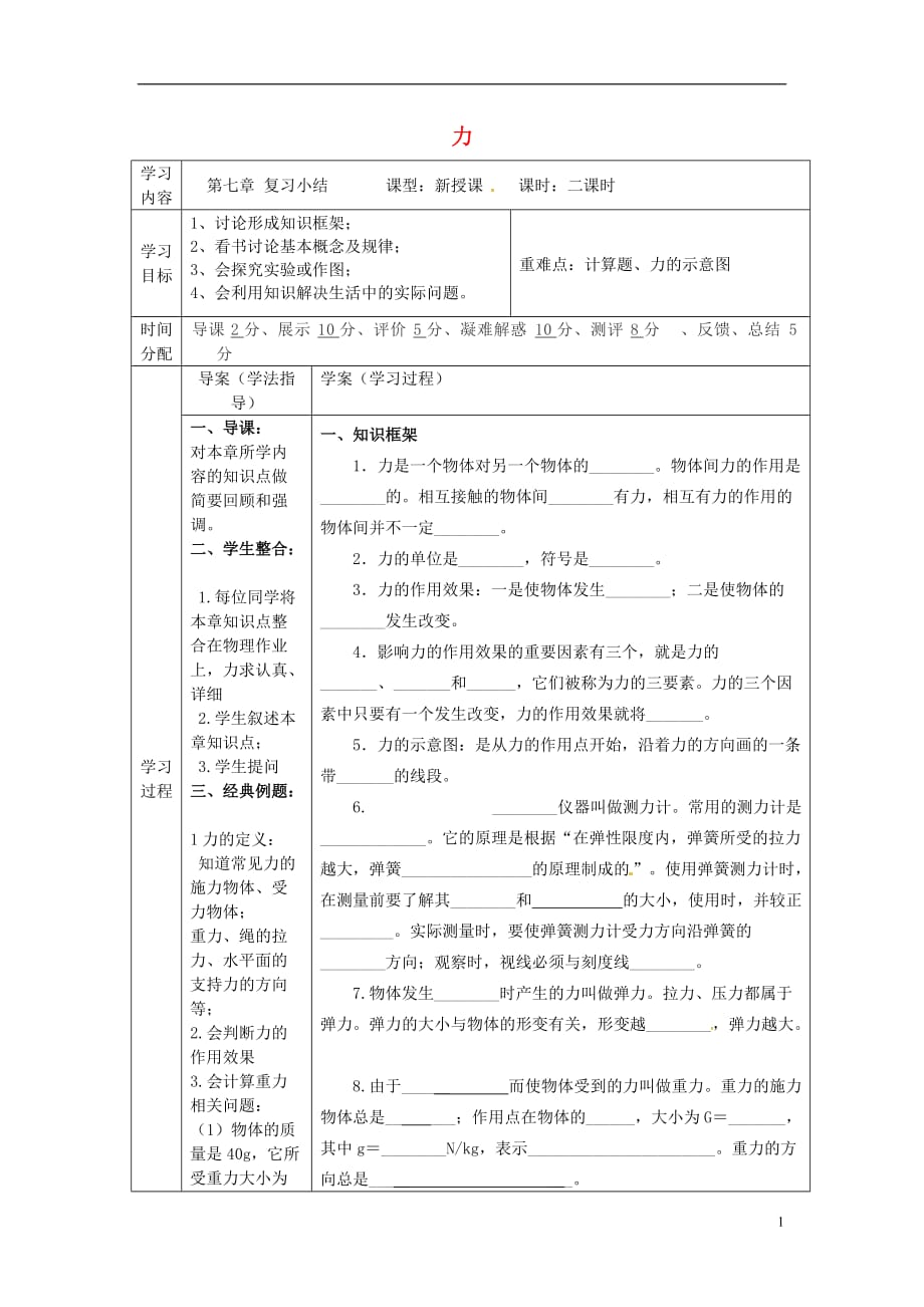 陕西省山阳县八年级物理下册 第七章 力复习学案2（无答案）（新版）新人教版_第1页