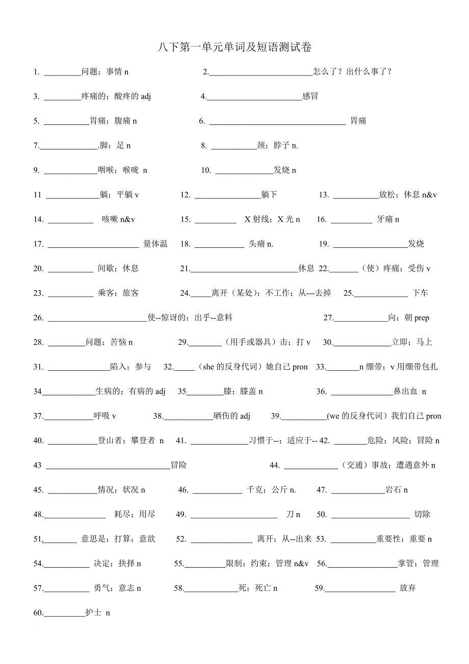 1.新人教版八年级英语下册单词及短语测试_第1页