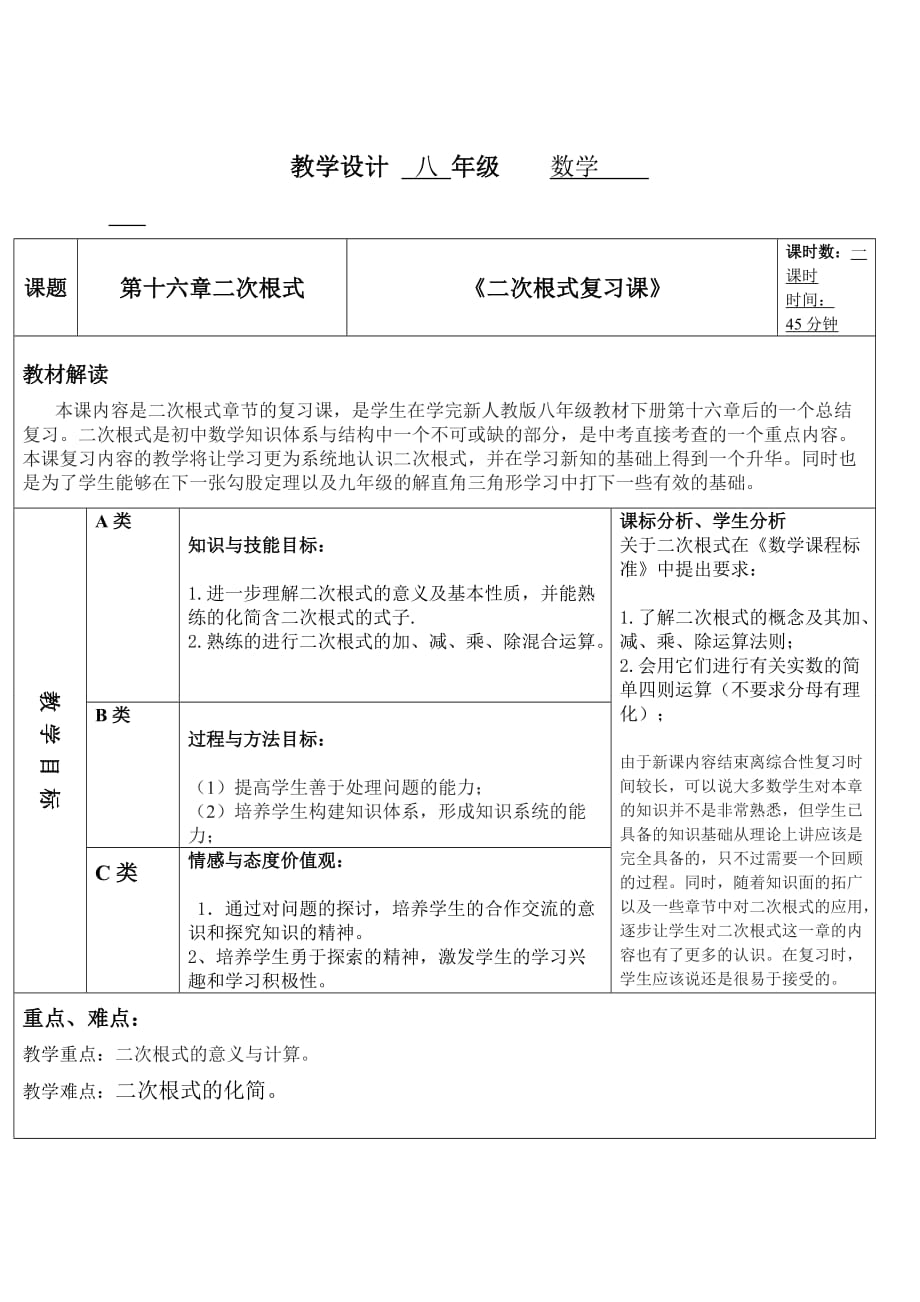 数学人教版八年级下册二次根式复习_第1页