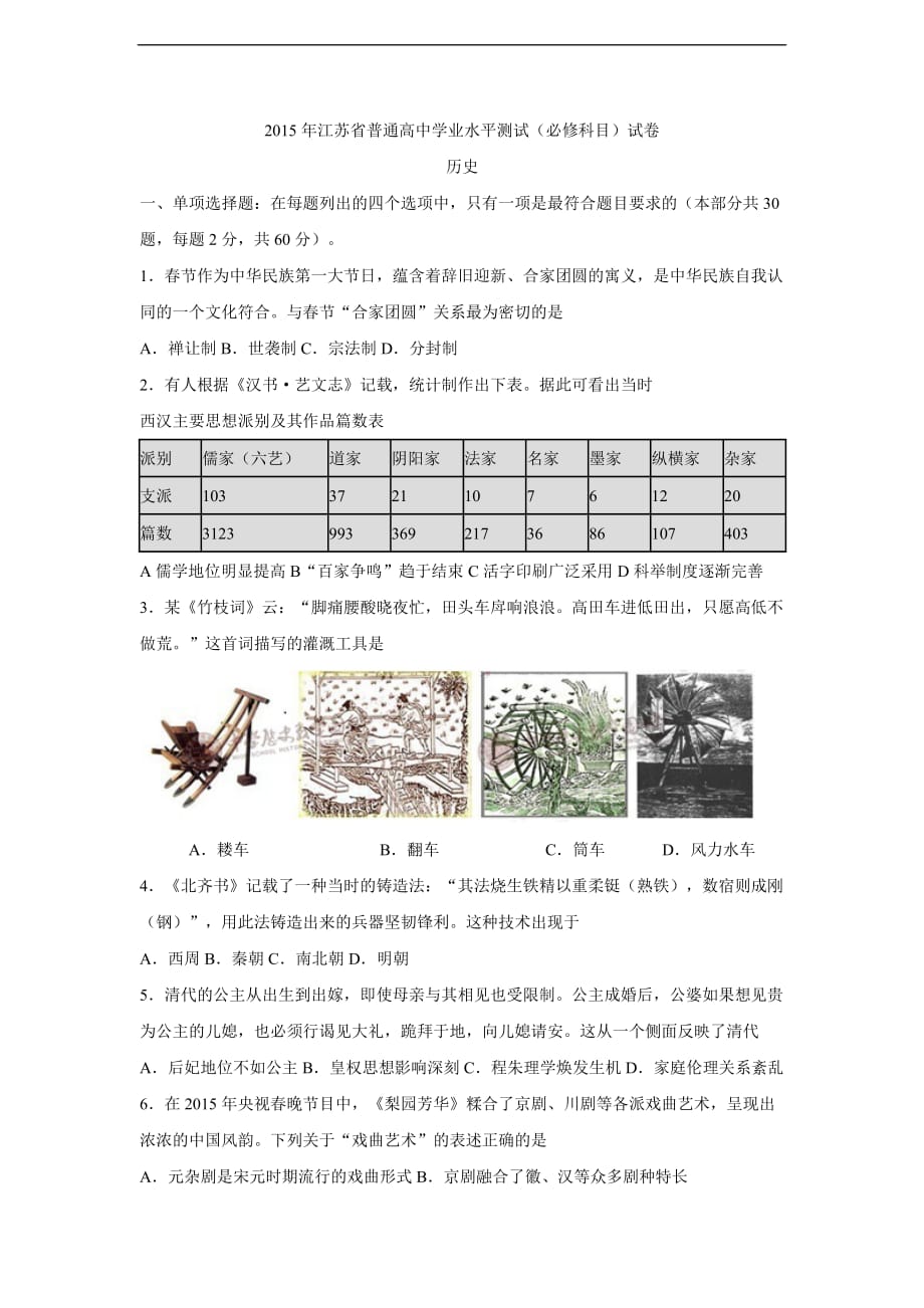 2015年江苏省小高考-历史-word(含答案)_第1页