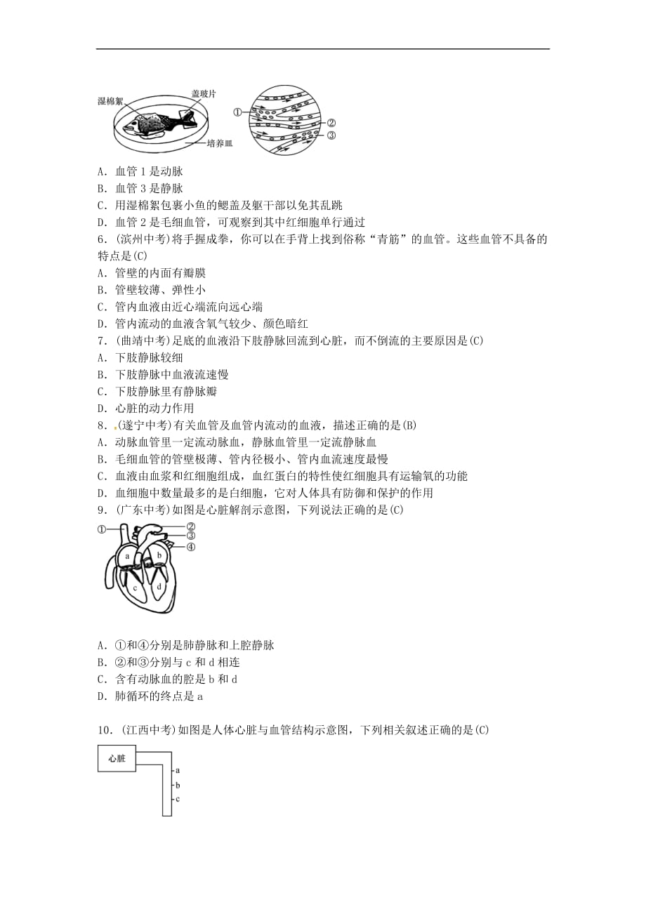 郑州市2019年中考生物总复习附答案主题四生物圈中的人课时10人体内物质的运输94_第4页