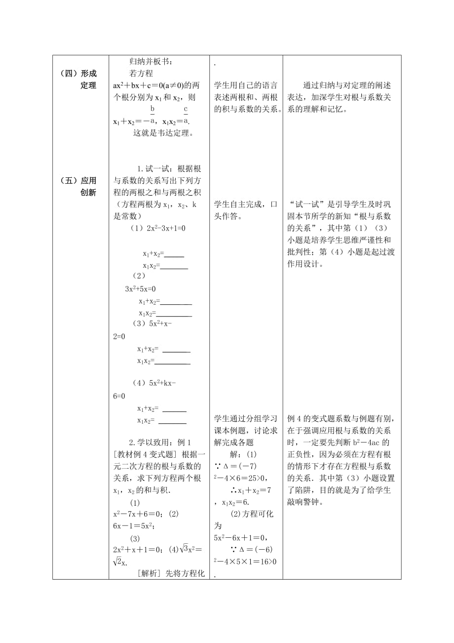 数学人教版九年级上册一元二次方程根与系数的关系（1））教学设计_第3页