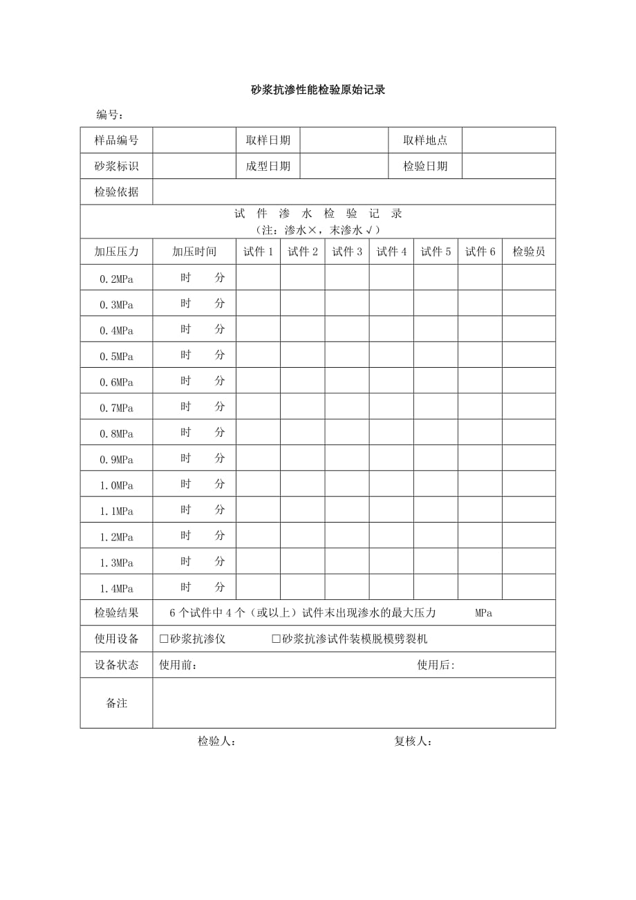 表e.0.26 砂浆抗渗性能检验原始记录_第1页