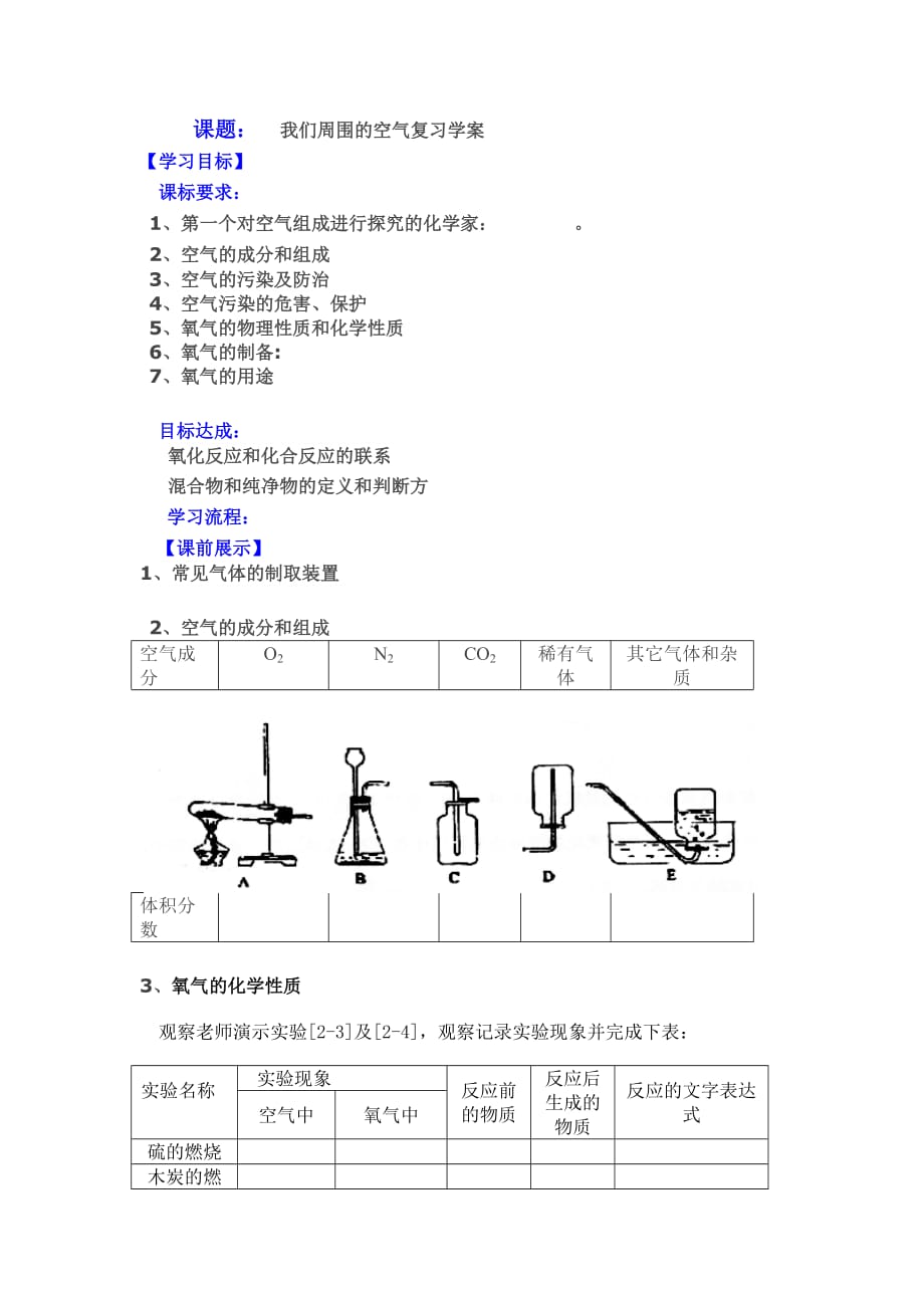 化学人教版九年级上册我们周围的空气复习学案_第1页