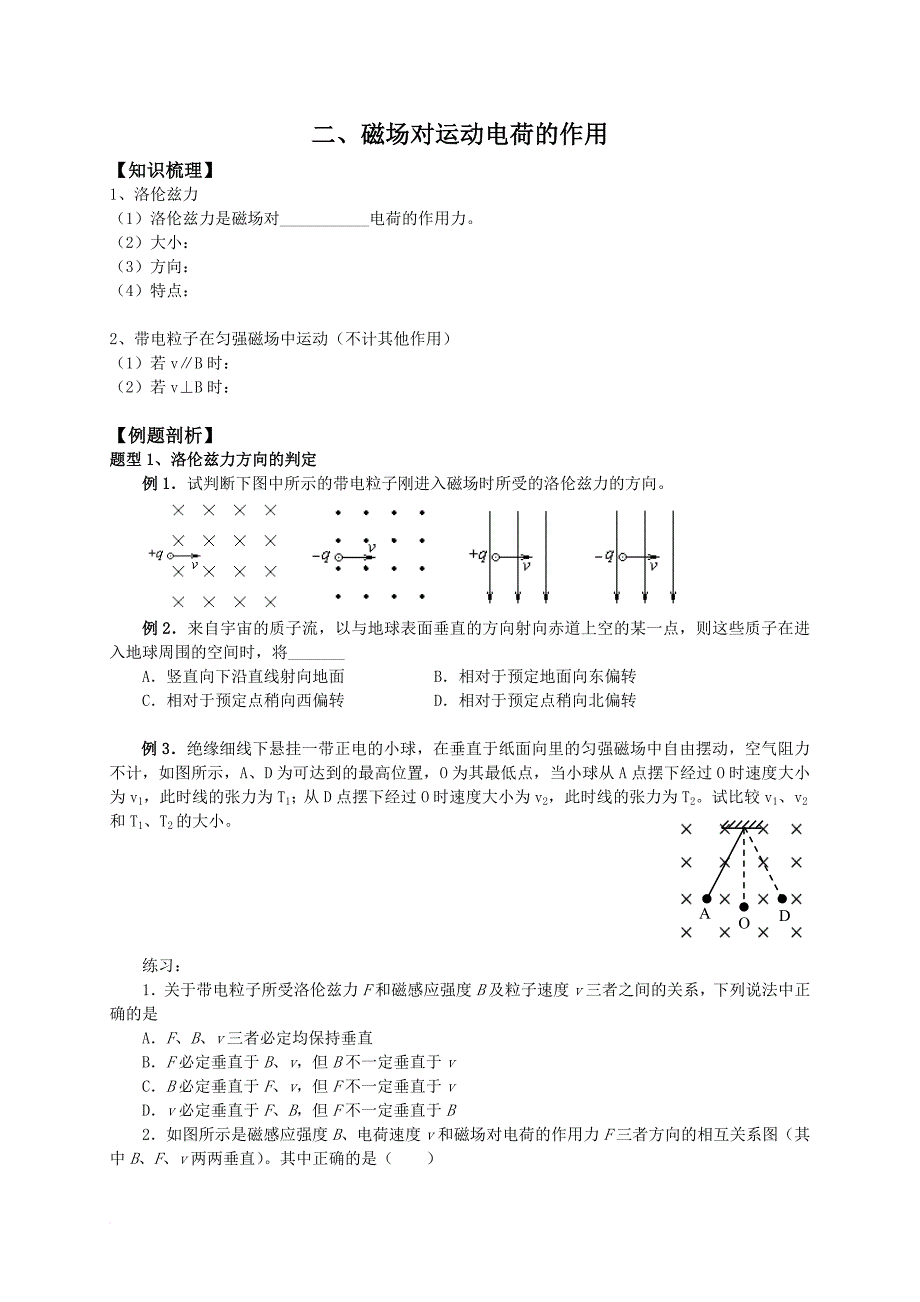 高三一轮复习教学案《磁场对运动电荷的作用》_第1页