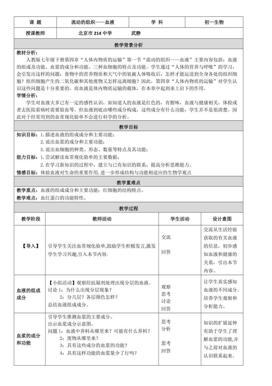 生物人教版七年级下册流动的组织---血液教学设计(北京214中学武静)_第1页