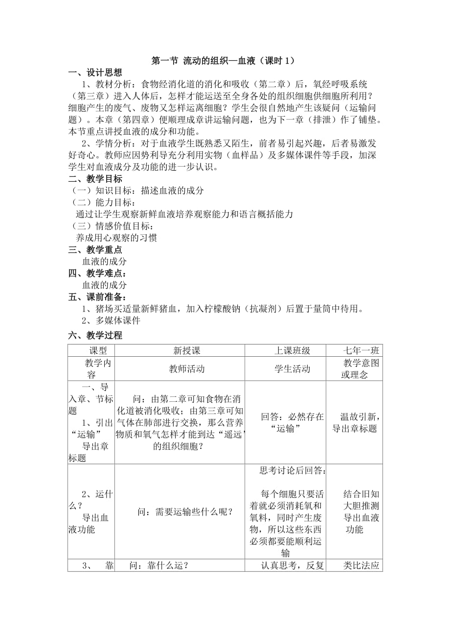 生物人教版七年级下册第一节 流动的组织——血液（课时1）_第1页