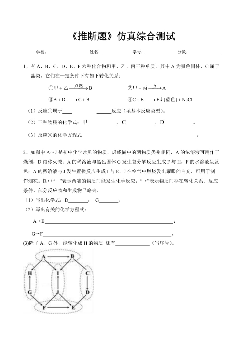 化学人教版九年级下册《推断题》仿真综合测试题_第1页