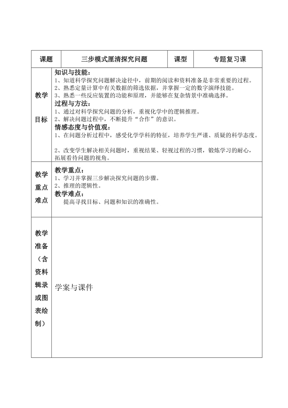 化学人教版九年级下册三步模式厘清探究问题 （教案）_第1页