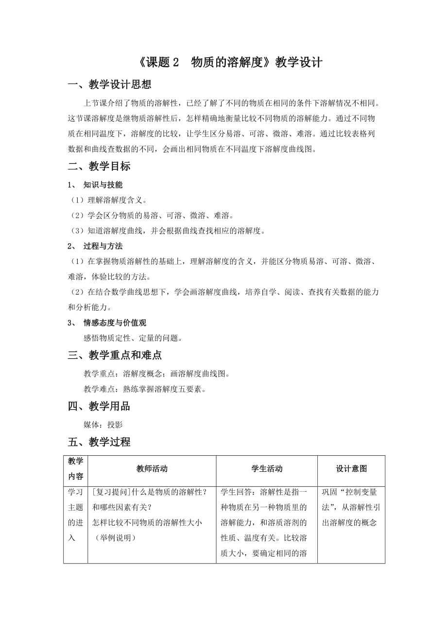 化学人教版九年级下册《课题2 溶解度》教学设计_第1页