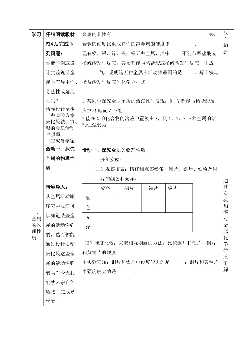 化学人教版九年级下册实验活动 4金属的物理性质和某些化学性质教学设计_第2页