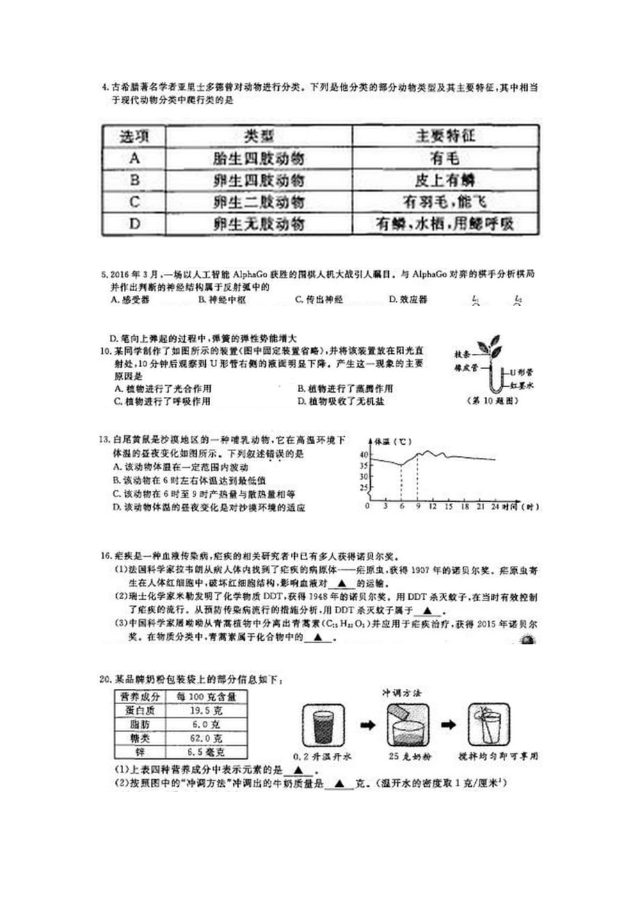 中考精英生物人教版课件浙江省温州市2016年中考科学生物部分试题（图片版有答案）_第1页